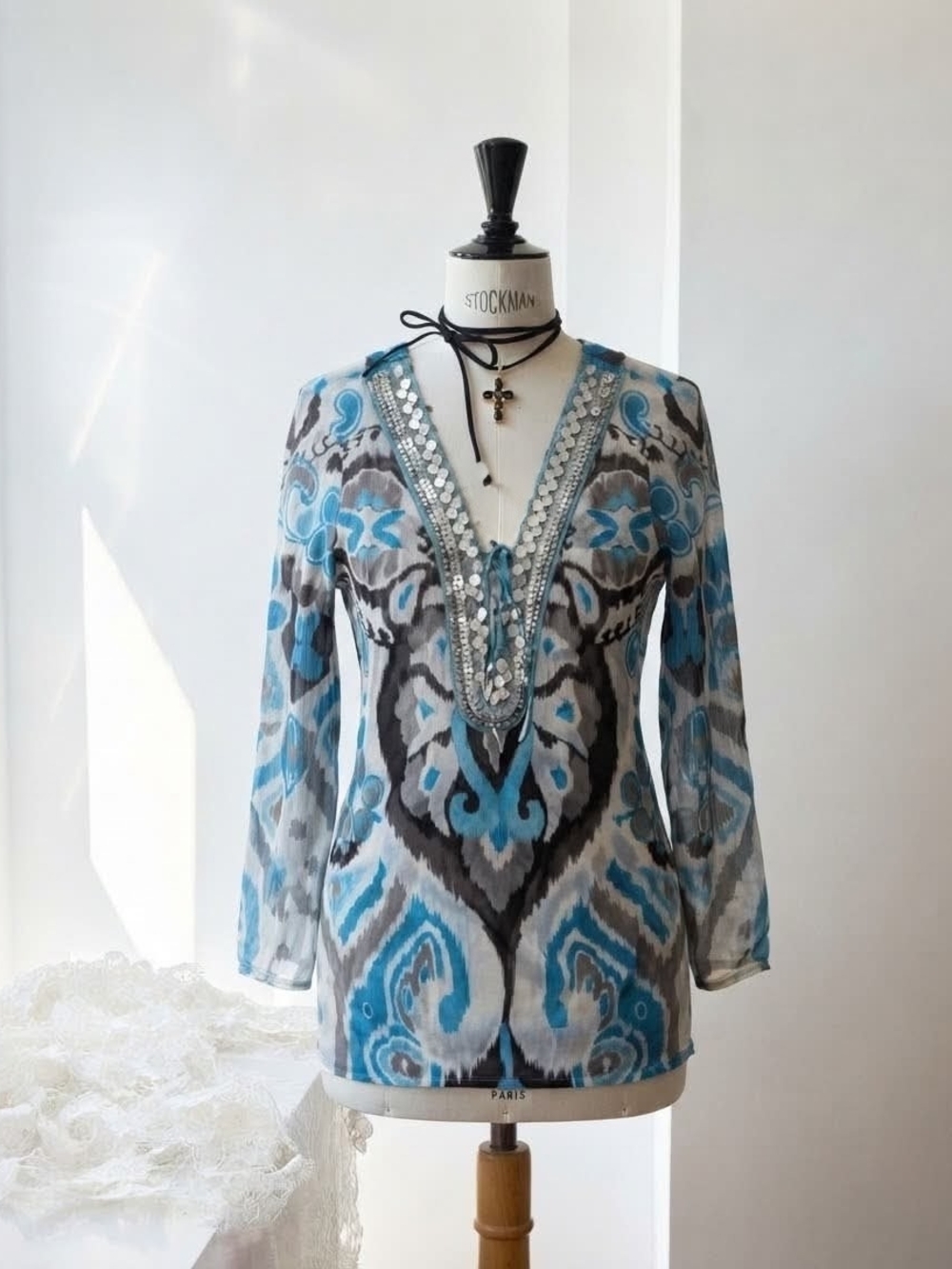 INC International Concepts Blue and Gray Embellished V-Neck Tunic